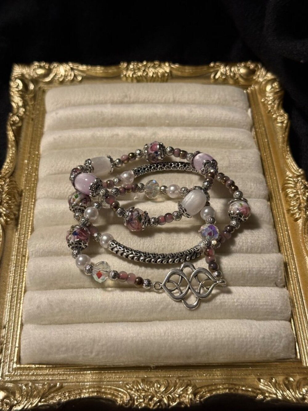 New Blush Set Of 3 Glass Beaded Stretch Bracelets With Silver-Plated Accents & C